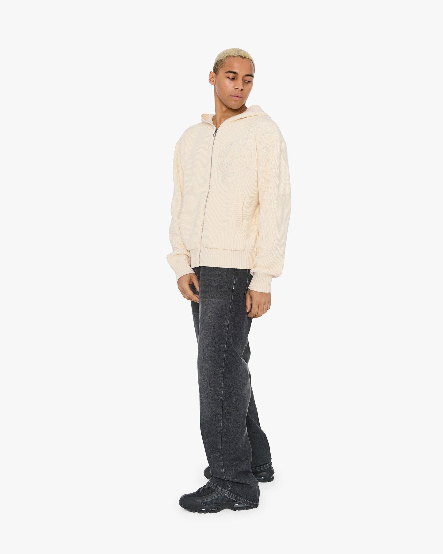 V-LOGO KNIT ZIP HOODIE BEIGE