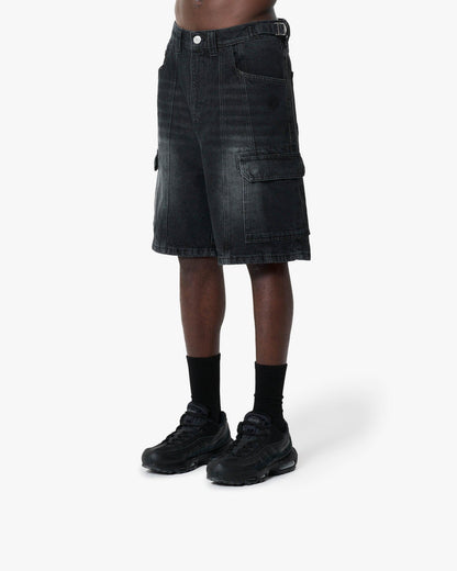 WASHED BLACK DENIM CARGO JORTS