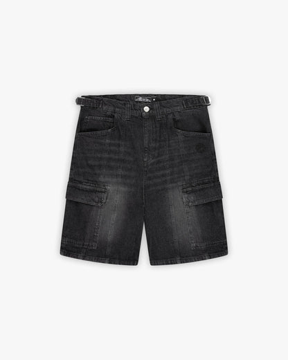 WASHED BLACK DENIM CARGO JORTS