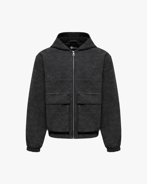 SCRIPT LOGO LEATHER JACKET TAR BLACK
