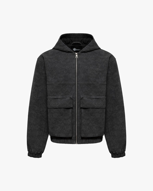 SCRIPT LOGO LEATHER JACKET TAR BLACK